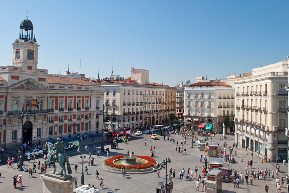 View from hotel balcony of Puerta del Sol plaza.
